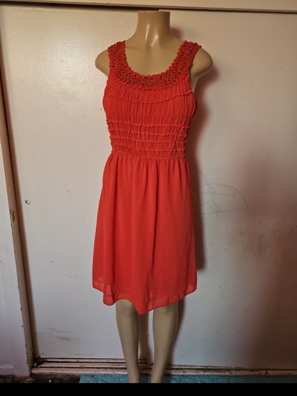 Max Edition Coral Sleeveless Crochet-Neck Smocked Waist Dress